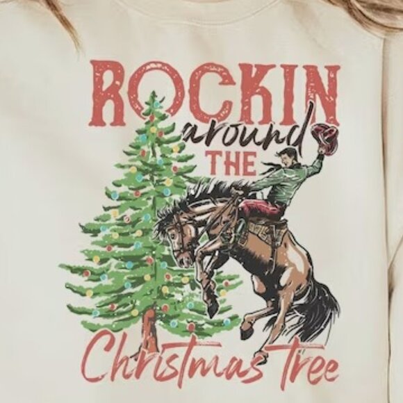 Rockin Around The Christmas Tree Sweatshirt Retro Christmas Western Sweatshir 90 - Picture 2 of 5